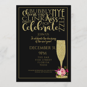 black glitter champagne new year party PTO PTA Invitation