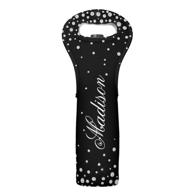 Black Glitter Chic Diamonds Personalized Name Wine Bag (Front)