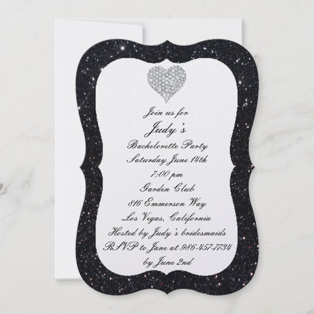 Black Glitter Diamond Heart Bachelorette Party Invitation (Front)
