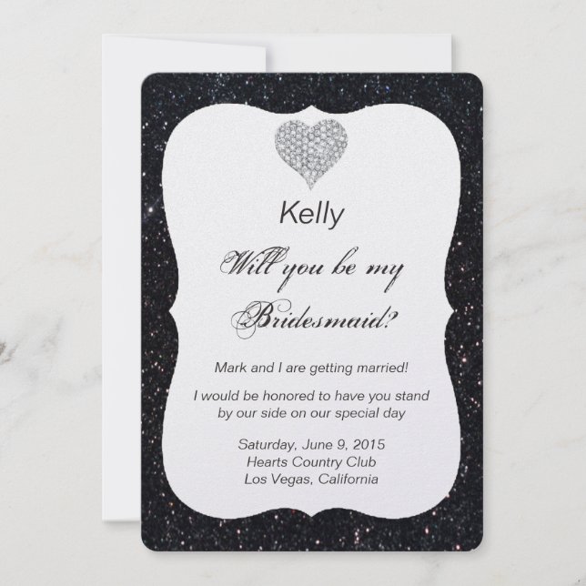 Black Glitter Diamond Heart Bridesmaid Card (Front)