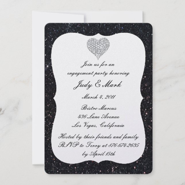 Black Glitter Diamond Heart Engagement Party Invitation (Front)