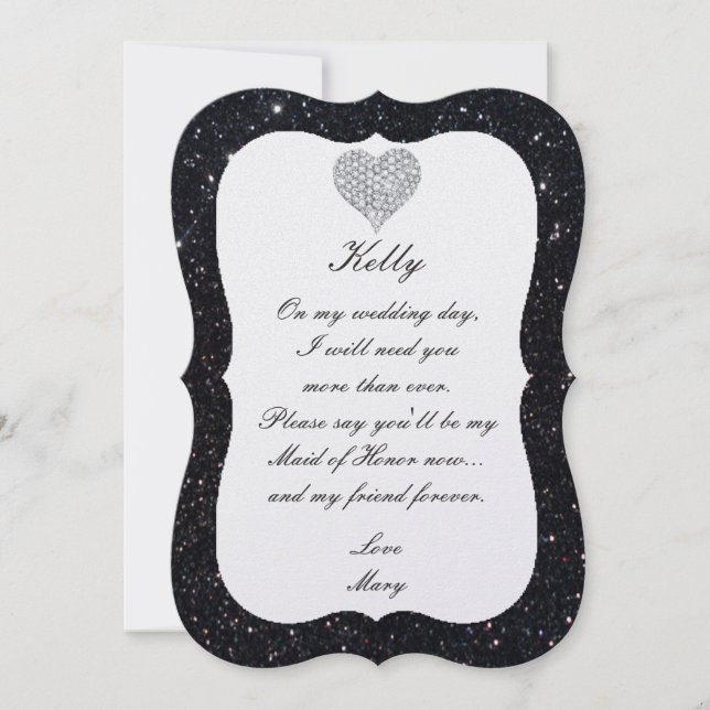 Black Glitter Diamond Heart Maid Of Honor Card (Front)