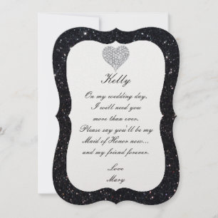 Black Glitter Diamond Heart Maid Of Honor Card