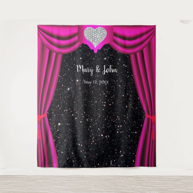Black Glitter Diamond Heart Pink Curtain Backdrop (Front)