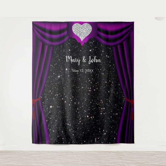 Black Glitter Diamond Heart Purple Curtain Tapestry (Front)