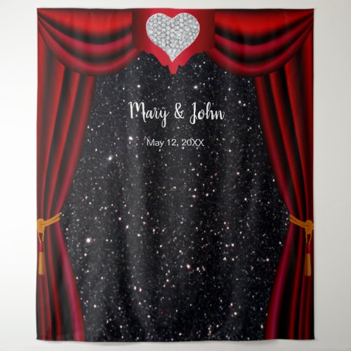 Black Glitter Diamond Heart Red Curtain Backdrop