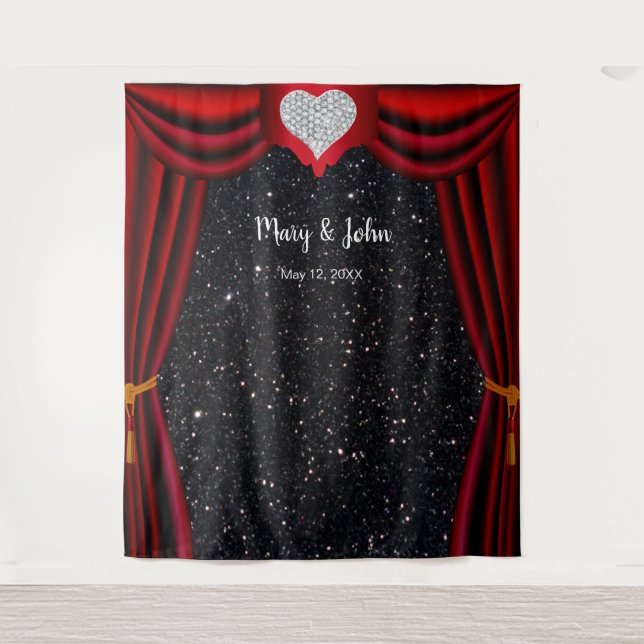Black Glitter Diamond Heart Red Curtain Backdrop (Front)