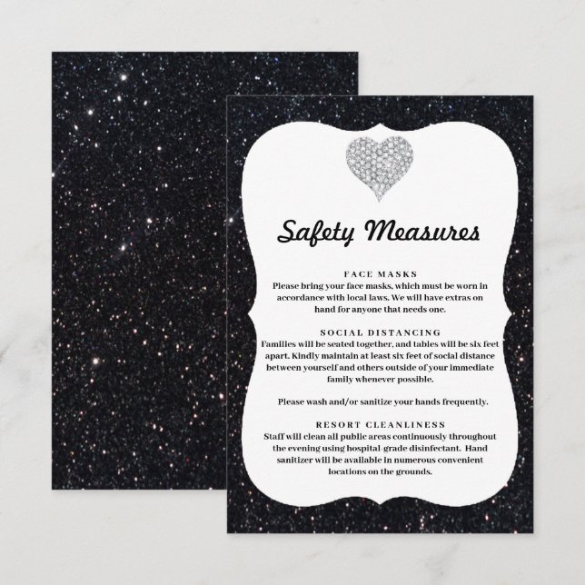 Black Glitter Diamond Heart Safety Measures Enclosure Card (Front/Back)