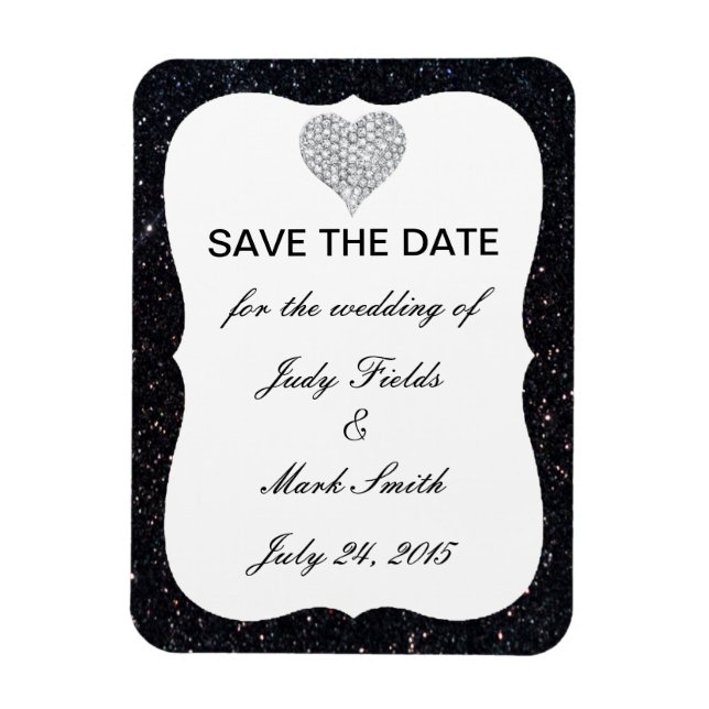 Black Glitter Diamond Heart Save The Date Magnet (Vertical)