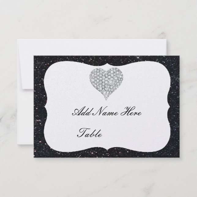 Black Glitter Diamond Heart Table Place Card (Front)
