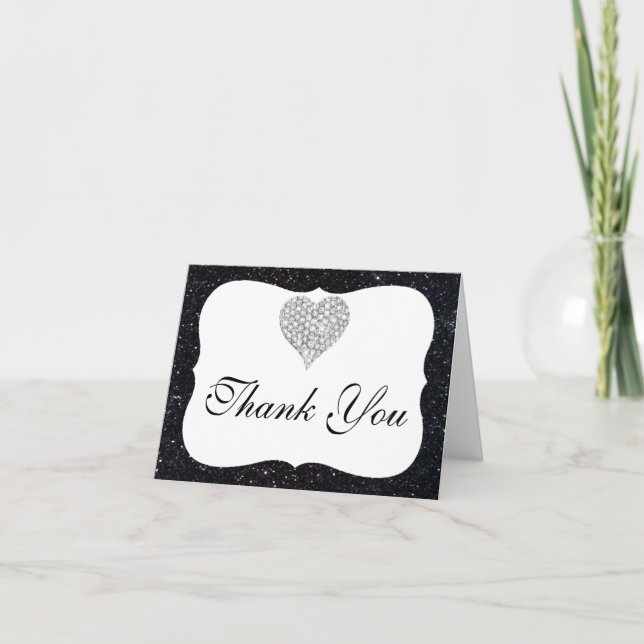 Black Glitter Diamond Heart Thank You Card (Front)