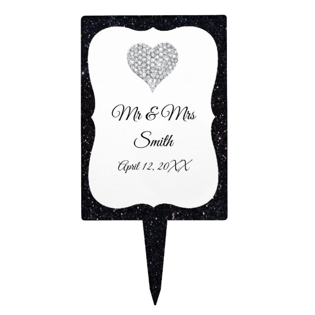Black Glitter Diamond Heart Wedding Cake Topper (Front)