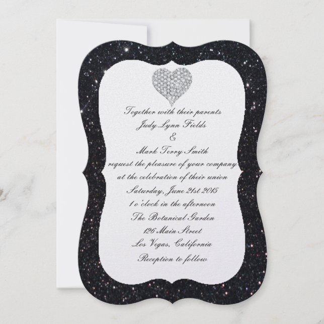 Black Glitter Diamond Heart Wedding Invitation (Front)