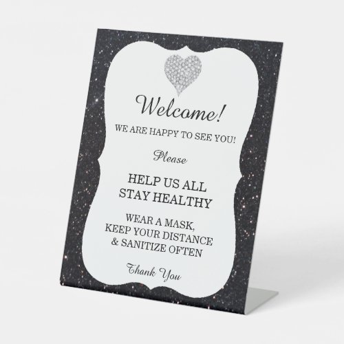 Black Glitter Diamond Heart Wedding Safety  Pedestal Sign