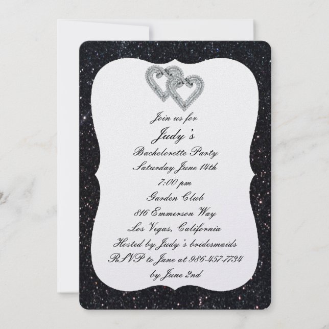 Black Glitter Diamond Hearts Bachelorette Party Invitation (Front)