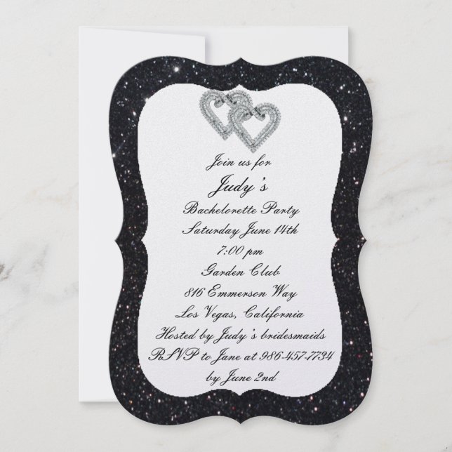 Black Glitter Diamond Hearts Bachelorette Party Invitation (Front)