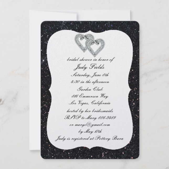 Black Glitter Diamond Hearts Bridal Shower Invite (Front)