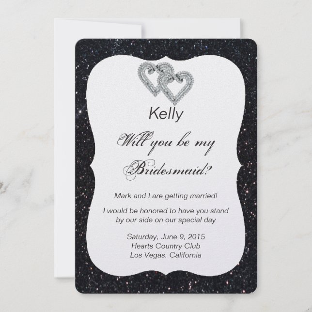 Black Glitter Diamond Hearts Bridesmaid Card (Front)