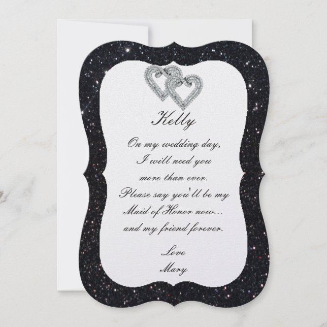 Black Glitter Diamond Hearts Maid Of Honor Card (Front)