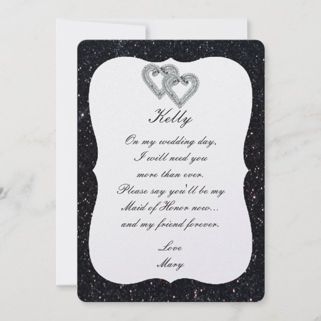Black Glitter Diamond Hearts Maid Of Honor Card (Front)