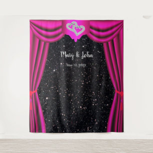 Black Glitter Diamond Hearts Pink Curtain Backdrop