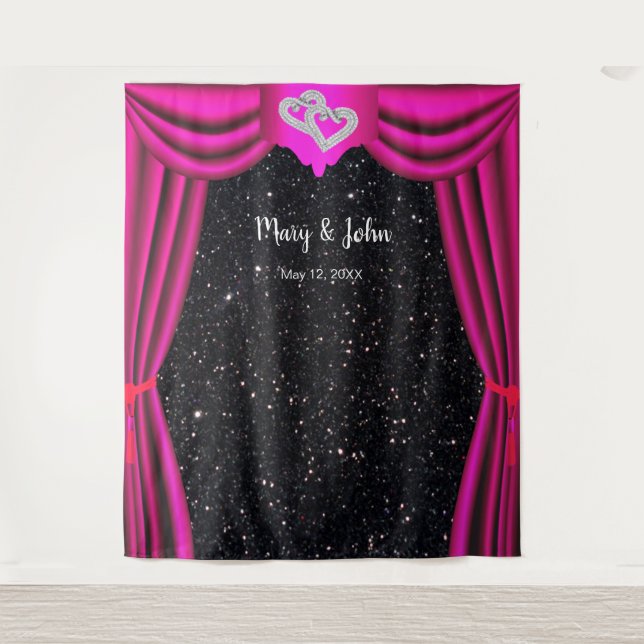 Black Glitter Diamond Hearts Pink Curtain Backdrop (Front)