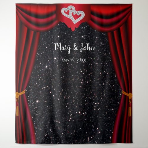 Black Glitter Diamond Hearts Red Curtain Backdrop