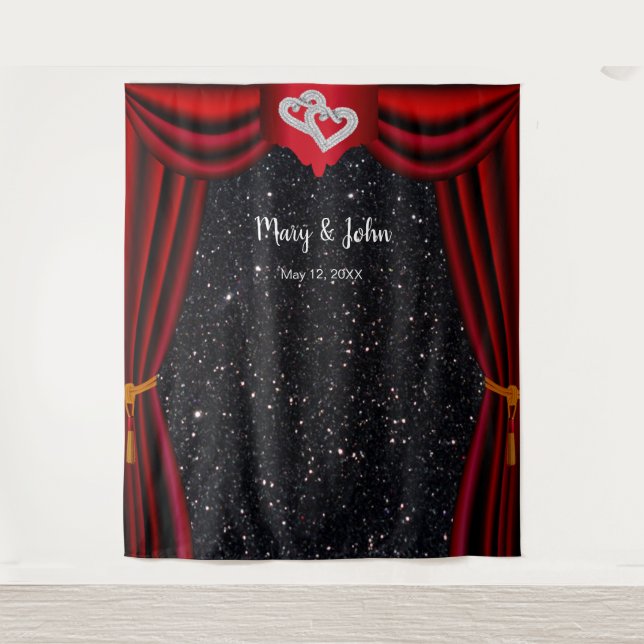 Black Glitter Diamond Hearts Red Curtain Backdrop (Front)