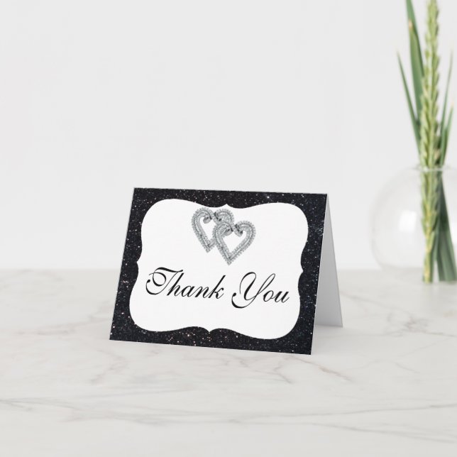 Black Glitter Diamond Hearts Thank You Card (Front)