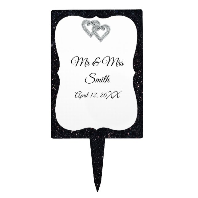 Black Glitter Diamond Hearts Wedding Cake Topper (Front)