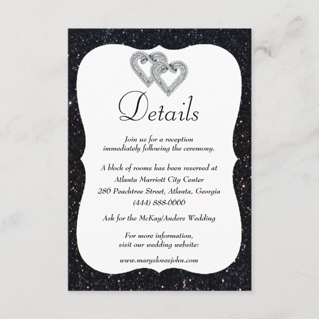 Black Glitter Diamond Hearts Wedding Details Enclosure Card (Front)