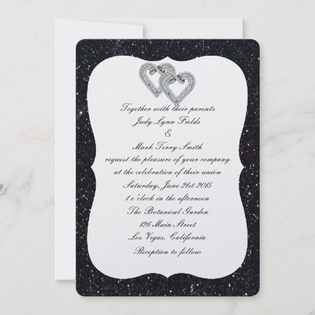 Black Glitter Diamond Hearts Wedding Invitation (Front)
