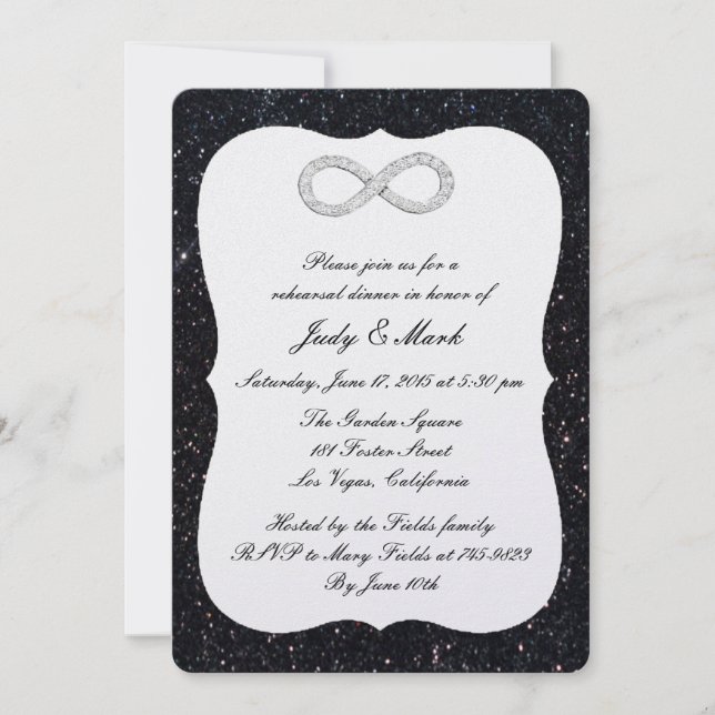 Black Glitter Diamond Infinity Rehearsal Dinner Invitation (Front)