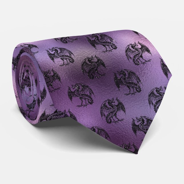 Black Glitter Dragon Pattern on Purple Background Neck Tie (Rolled)