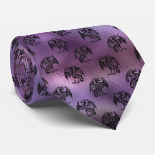 Black Glitter Dragon Pattern on Purple Background Neck Tie
