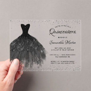 Black Glitter Dress Script Quinceañera Party Acrylic Invitations
