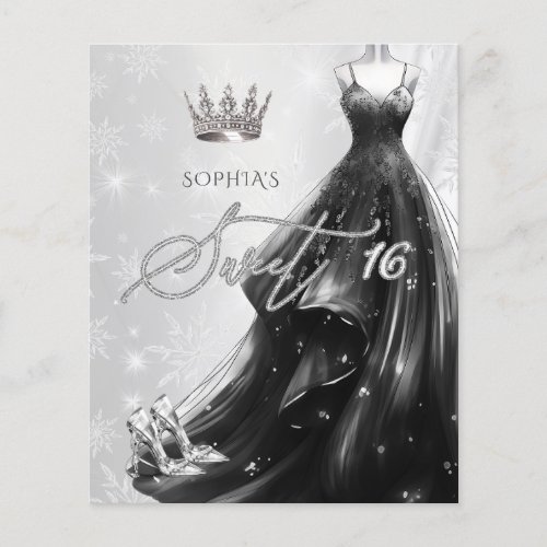 Black Glitter Dress Snowflakes Sweet 16 Invitation