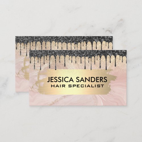 Black Glitter Drip  Pink Marble Gold Metal Business Card