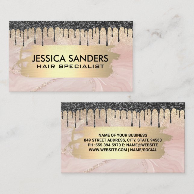 Black Glitter Drip | Pink Marble Gold Metal Business Card (Front/Back)