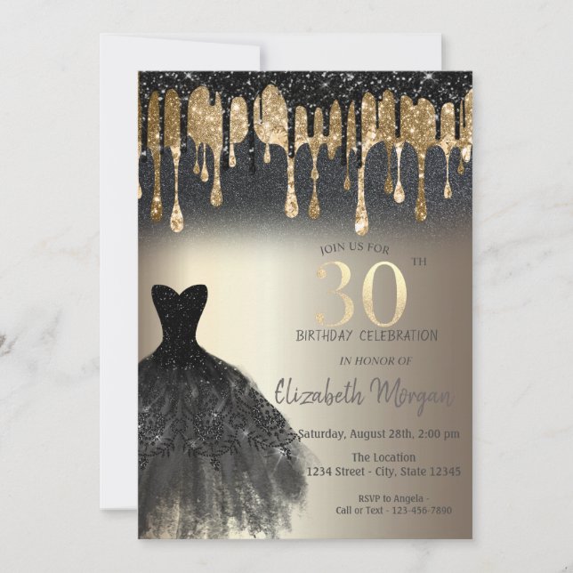 Black Glitter Drips Black Dress Gold 30th Birthday Invitation (Front)