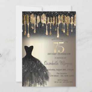 Black Glitter Drips Black Dress Gold 75th Invitation