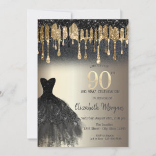 Black Glitter Drips Black Dress Gold 90th Birthday Invitation