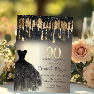 Black Glitter Drips Black Dress Gold 90th Birthday Invitation