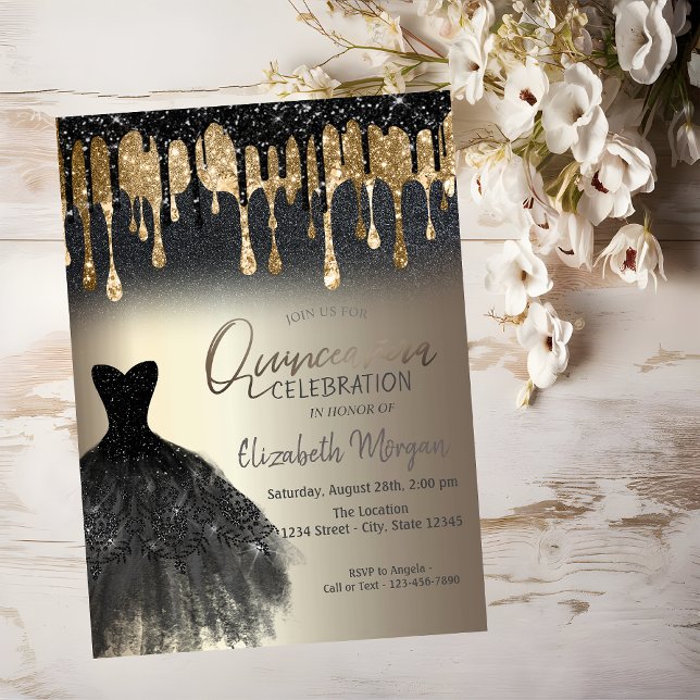 Black Glitter Drips Black Dress Gold Quinceañera Invitation (Creator Uploaded)
