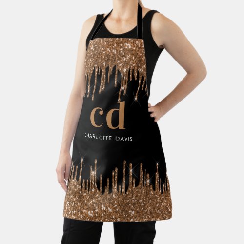 Black glitter drips gold monogram business apron