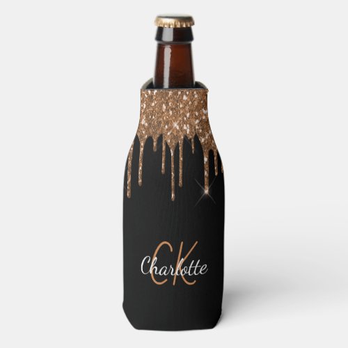 Black glitter drips gold monogram name bottle cooler