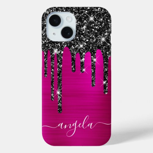 Black Glitter Drips Hot Pink Glam Signature iPhone 15 Case
