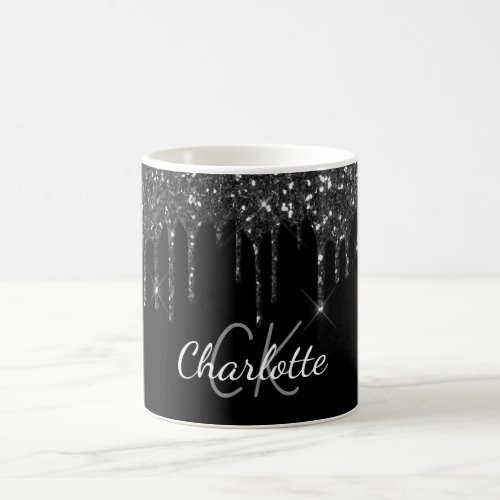 Black glitter drips monogram initials coffee mug