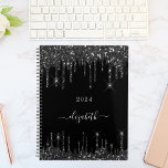 Black glitter drips monogram name script 2024 planner<br><div class="desc">A classic black background decorated with faux glitter drips. Personalize and add a year and a name. The name is written with modern hand lettered style script with swashes. To keep the swashes only delete the sample name, leave the spaces or emoji's in front and after the name. Perfect for...</div>