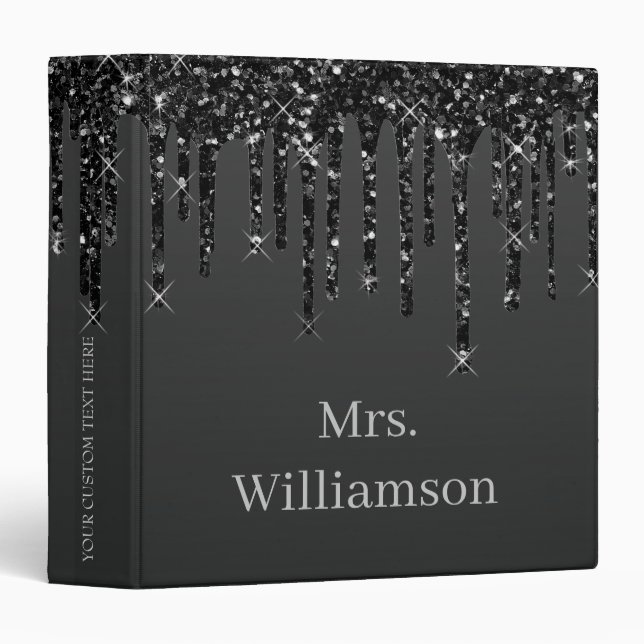  Black Glitter Drips Personalized Monogram  3 Ring Binder (Front/Spine)